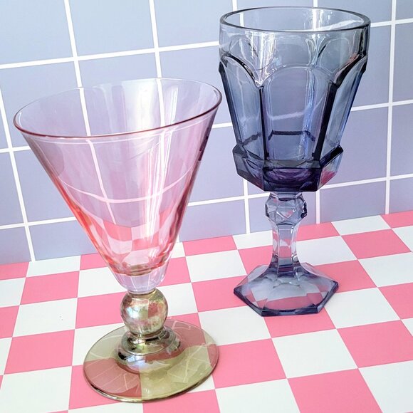 Retro Mis Matched Drinking Glass Set Vintage Post Modern Home Decor Unique Wine - Picture 1 of 7